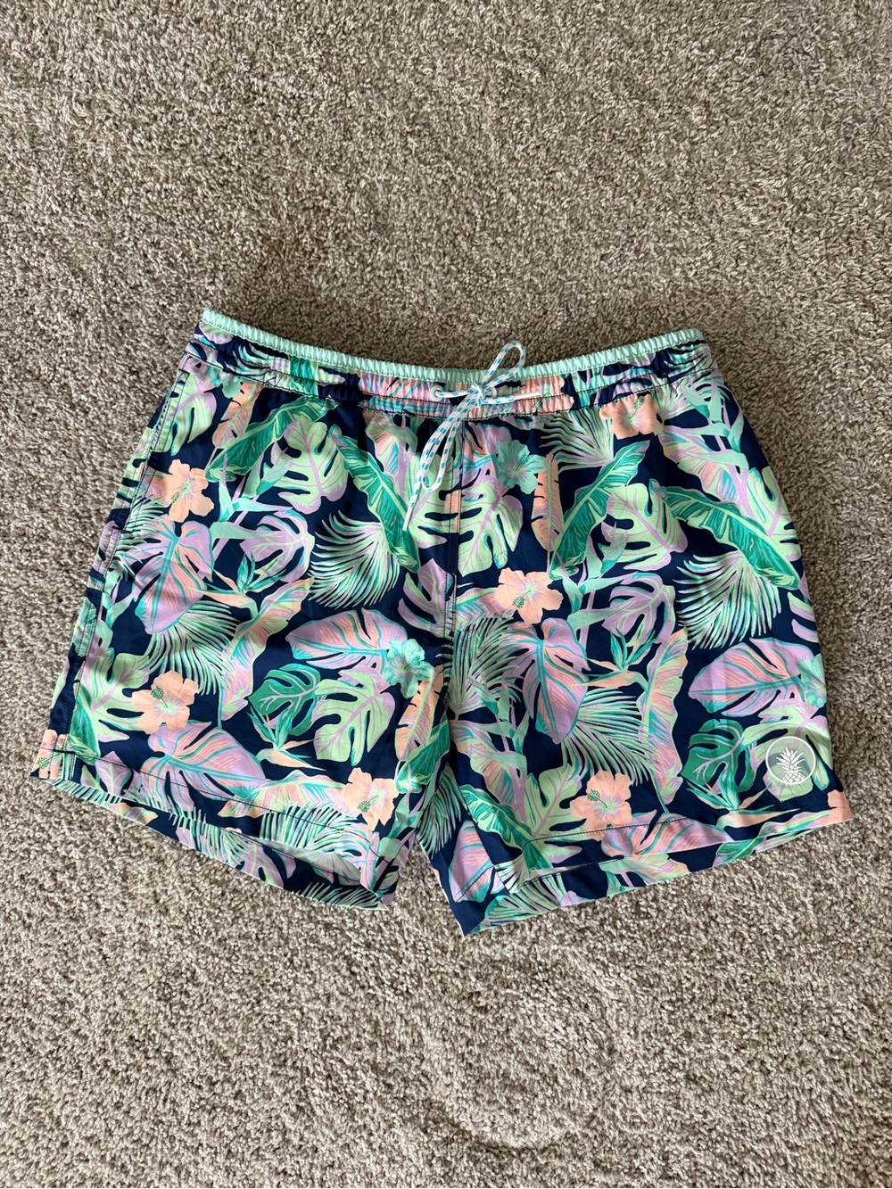 NWOT Chubbies Navy Swim Trunks with Mint Green and Pastel Pink Tropical Print